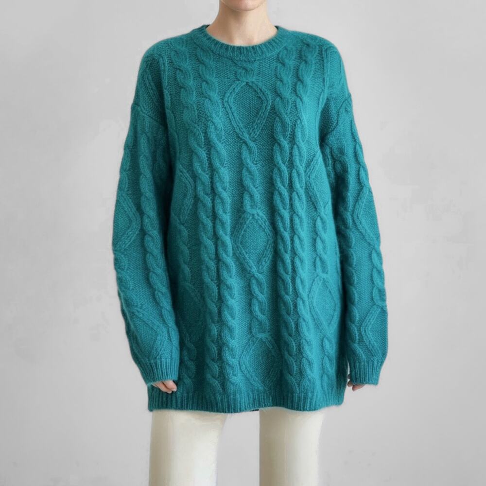 Vintage Fuzzy Mohair Wool Cableknit Sweater Teal Jewel Tone Dopamine Dressing L